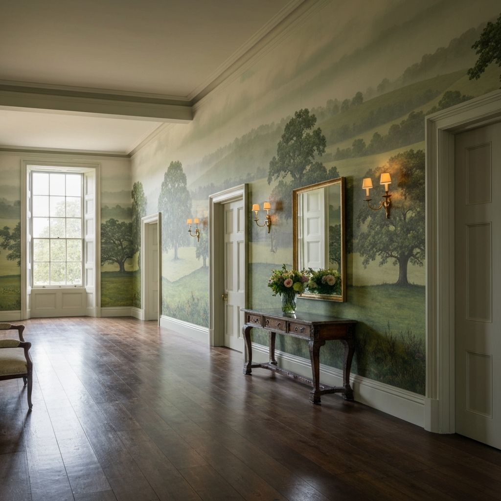 Grand hallway with hand-painted mural wallpaper in a country house